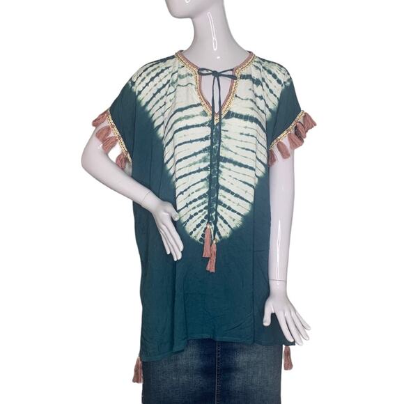 South Moon Under NWOT Top Boho Embroidered Tie Dye Green White Box Cut Size S - Picture 1 of 13